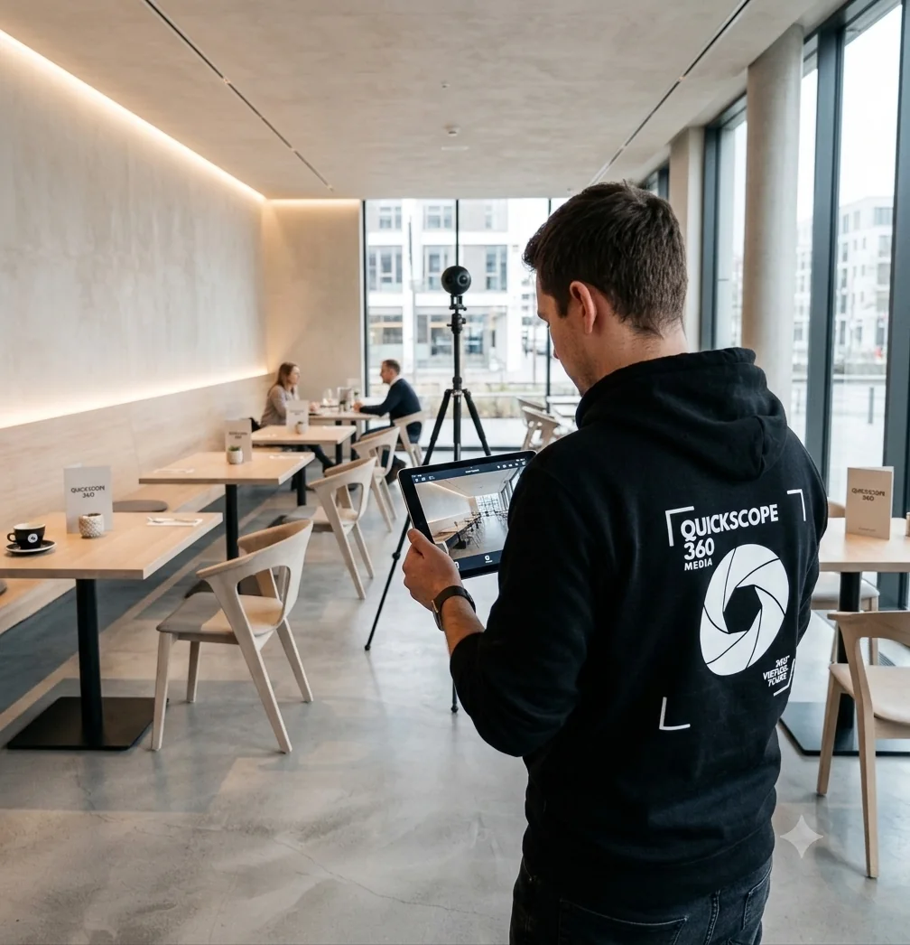Fotograf erstellt 360-Grad-Aufnahmen in einem hellen Café