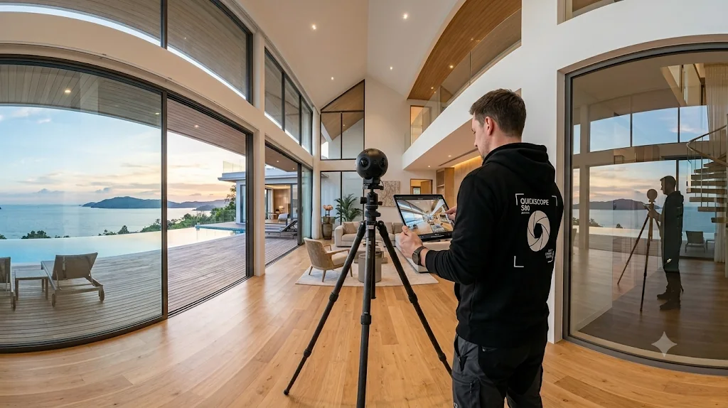 360-Grad-Kamera in einem hellen modernen Wohnraum mit Meerblick